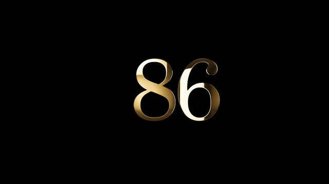 Number 86 in gold style with gold particles and transparent background, eighty six