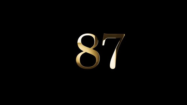 Number 87 in gold style with gold particles and transparent background, eighty seven