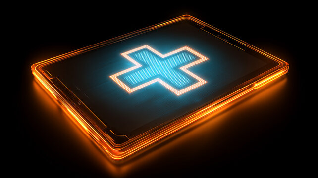 Digital tablet displaying a medical cross representing mobile healthcare services and modern clinical technology
