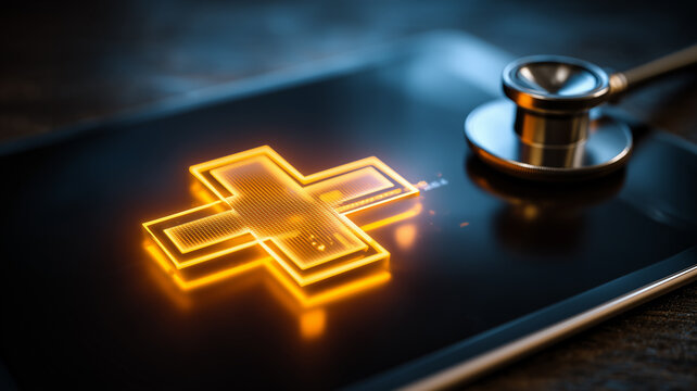 Medical cross on a digital screen beside a stethoscope representing modern healthcare technology and diagnostics
