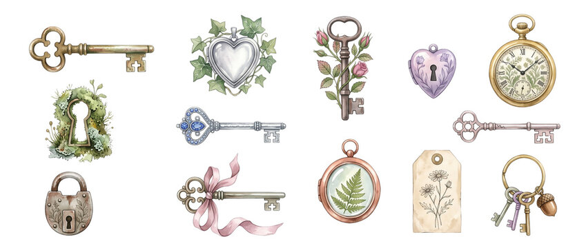 Vintage keys lockets pocket watch botanical watercolor set isolated on black background for romantic scrapbooking wedding invitations design elements antique keyhole locket clipart collection.