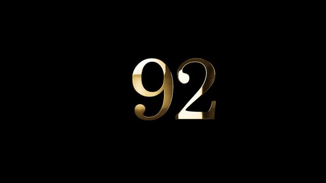Number 92 in gold style with gold particles and transparent background, ninety two