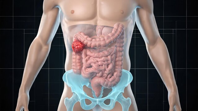 3D transparent anatomical diagram of human rectum, displaying rectal tumor and tissue lesions, sophisticated professional medical scientific rendering