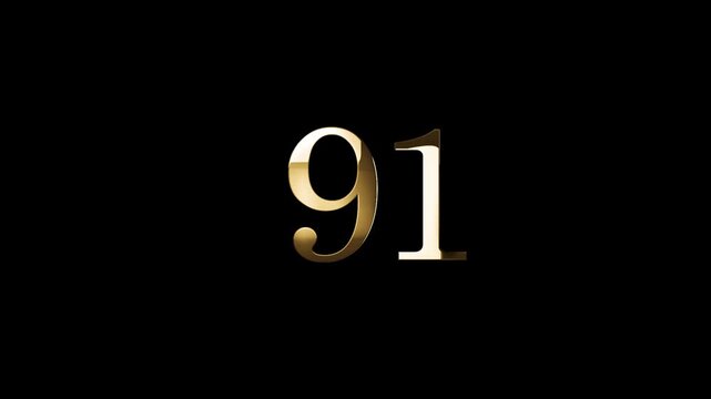 Number 91 in gold style with gold particles and transparent background, ninety one