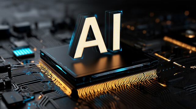 AI letters displayed on a microchip represent artificial intelligence computing and advanced digital innovation.
