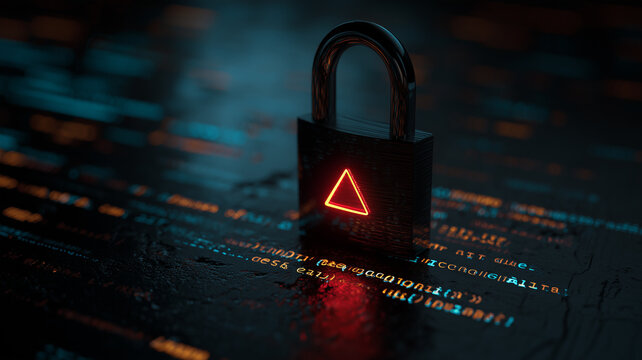 Padlock with a warning symbol over computer code representing cybersecurity threats and digital data protection
