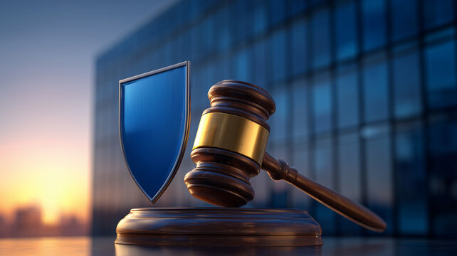 Judge gavel beside a shield representing legal protection regulatory enforcement and secure governance
