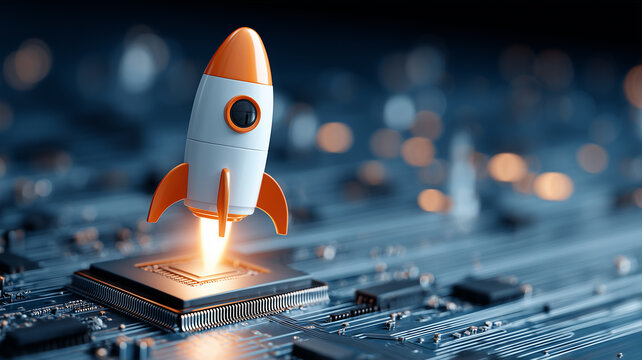 Small rocket launching from a microchip representing startup acceleration and digital innovation
