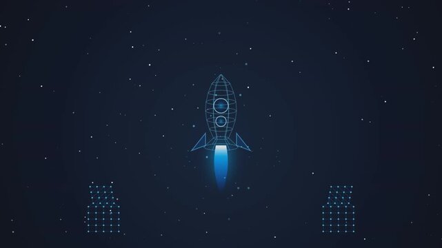 Futuristic wireframe rocket launching in space, digital blueprint spaceship ascending through stars, glowing blue technology startup concept