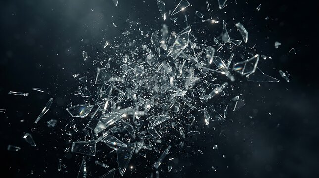 Explosion of shattered glass shards on a dark background