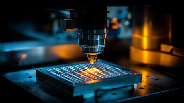 Laser inspection machine scanning a microchip represents semiconductor testing and precision electronic manufacturing.
