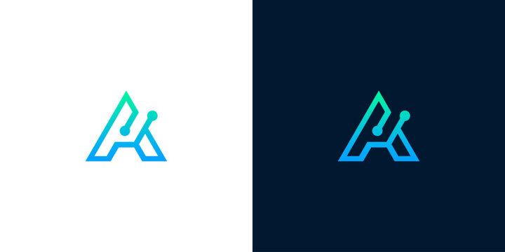 Modern geometric letter A logo design with digital tech circuit connections for software companies and startups