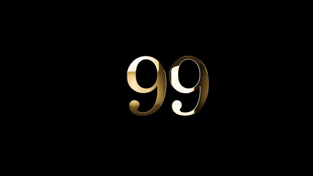 Number 99 in gold style with gold particles and transparent background, ninety nine