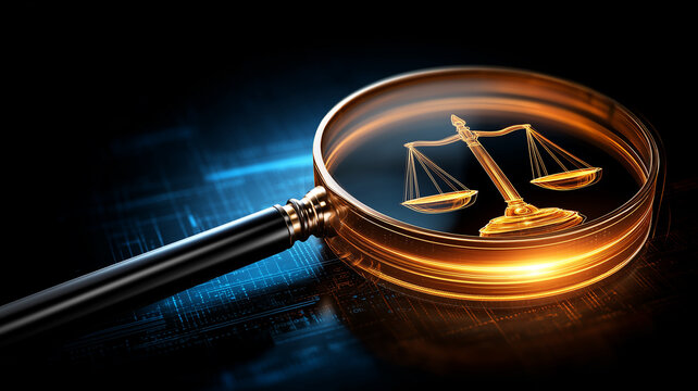 Magnifying glass revealing scales of justice on a digital interface represents legal compliance auditing and regulatory investigation.
