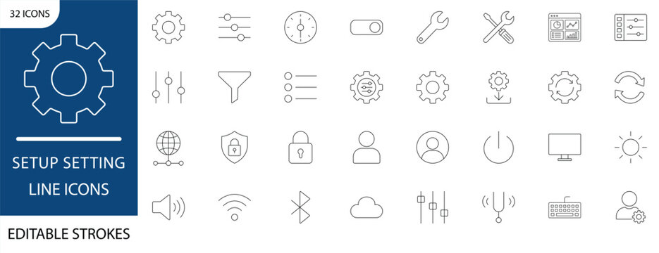  Setup setting line icon set. Featuring gear, wrench, sliders, and security lock. Vector icons for print manuals, user guides, and app interface.