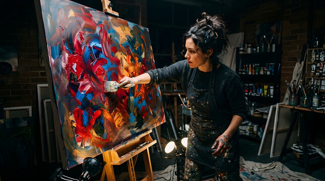 Professional female artist creating a vibrant abstract painting on a canvas in her studio