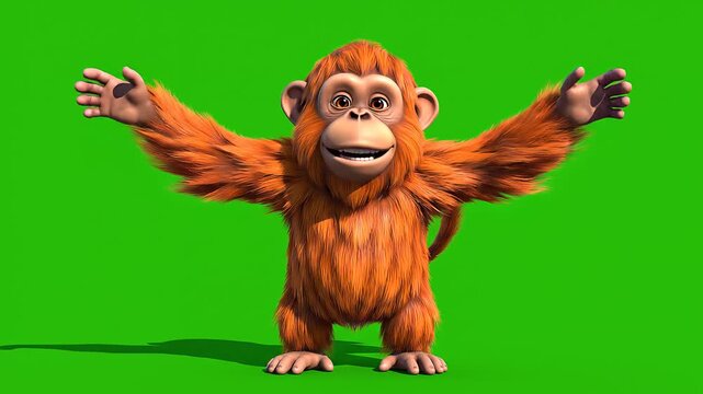 Cute cartoon monkey gestures welcomingly on a green screen background, a 3d cartoon animal character