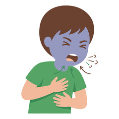 Vector illustration of a young boy struggling to breathe with chest pain and coughing symptoms