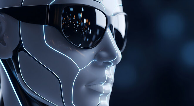 Close up profile of an artificial intelligence humanoid figure wearing sunglasses reflecting city lights.