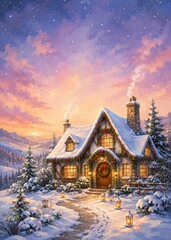Obraz premium A cozy snow-covered cottage glows with warm light on a winter evening, framed by snow-dusted pine trees and the soft hues of a twilight sky with twinkling stars.