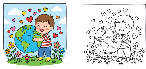 Cute boy hugging planet earth vector illustration with coloring page line art for earth day children coloring book activities and environmental care concept