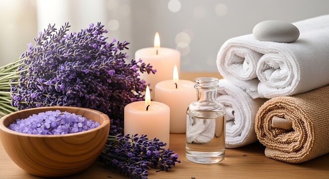 Lavender spa treatment setup with candles and rolled white towels