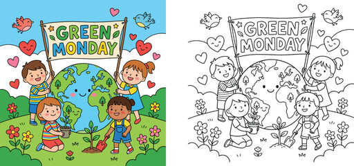 Fototapeta premium Cute Kids Planting Trees for Green Monday Earth Banner Set with Colored Illustration and Black and White Line Art Coloring Page Vector