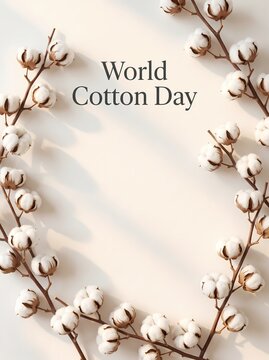 World Cotton Day Background with Organic Cotton Flowers Frame and Copy Space