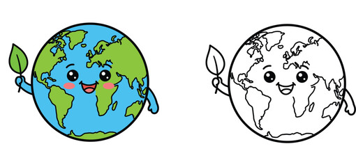 Fototapeta premium Cute Earth Day cartoon character holding a leaf set, includes colored illustration and black line art coloring page vector isolated on white background.