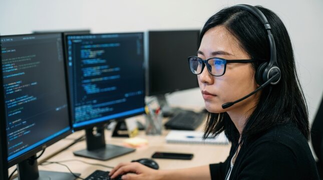 Young woman wearing headset and glasses working on computer coding in office.