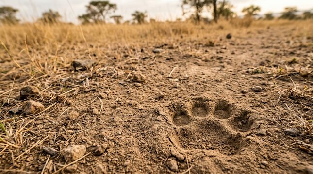 Close up of a lion paw print in dry dirt. Animal track in the African savanna. Wildlife tracking and safari concept