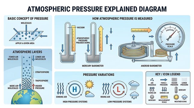 Educational diagram explaining atmospheric pressure and barometers