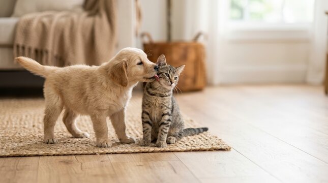 Golden retriever puppy licking a tabby kitten. Cute young dog and cat playing together on a rug at home. Friendship between pets concept