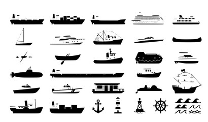 Maritime Vessel, Nautical Transportation, and Ocean Shipping Silhouette Icon Set Featuring Cargo Ships, Sailboats, Submarines, Anchors, and Lighthouse Symbols for Marine Branding © MDASADUL