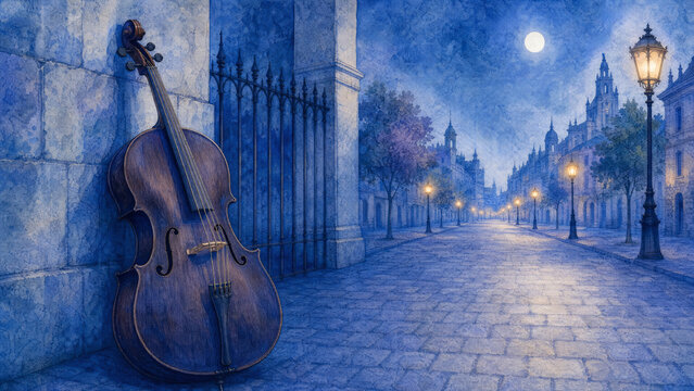 Cello Leaning Against a Stone Wall on a Moonlit European Cobblestone Street, Watercolor Illustration