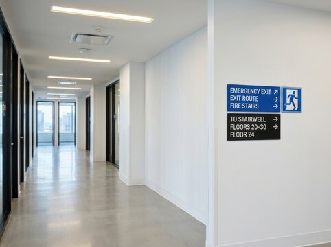 Modern Office Hallway With Emergency Exit Signs And Daylight Views