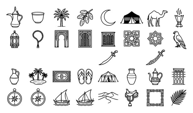 Islamic Culture, Middle Eastern Heritage, and Traditional Arabian Life Minimalist Line Art Icon Set Featuring Dallah Teapot, Crescent Moon, Falcon, Camel, and Dhow Boat for Cultural Branding