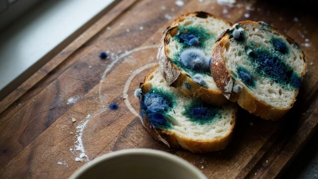 Slices of bread with blue mold on a wooden cutting board
