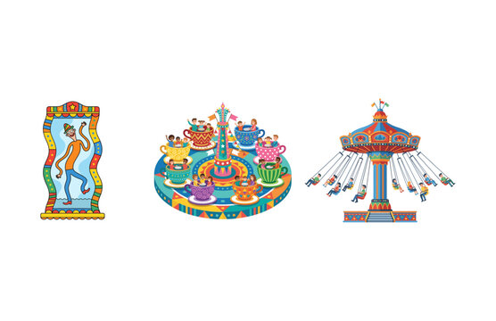 Vibrant Amusement Park Rides Illustration Featuring Fun Fairground Attractions for Entertainment