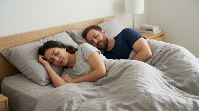 Couple sleeping together in a cozy bed with grey linens. Man and woman resting in a modern bedroom. Domestic lifestyle concept