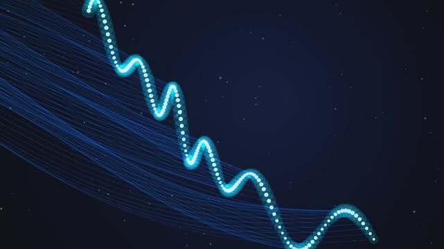 Glowing neon graph line descending across a dark abstract background in this motion digital video