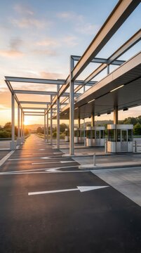 Modern Toll Booth Infrastructure At Sunrise With Clear Sky