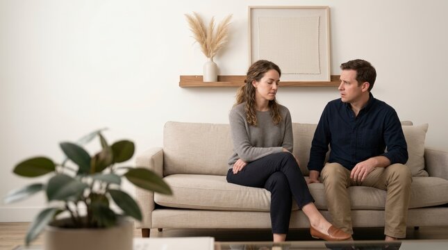 Couple experiencing conflict and silent treatment on a living room sofa. Unhappy man and woman having relationship difficulties at home. Communication problems and marriage crisis concept