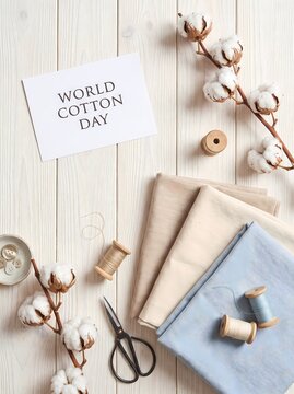 World Cotton Day Celebration with Natural Cotton Fabrics and Sewing Tools Workspace