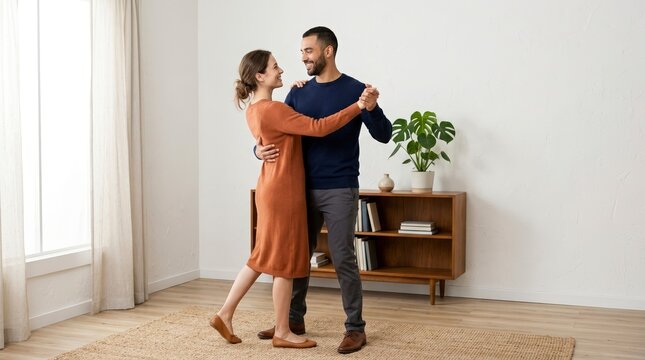 Happy couple dancing together in a modern living room. Young man and woman enjoying romantic moment at home. Minimalist interior with wooden furniture