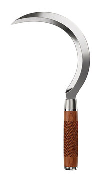 Traditional steel sickle with wooden handle, curved agricultural hand tool for harvesting, sharp metal blade for farming and gardening isolated on white