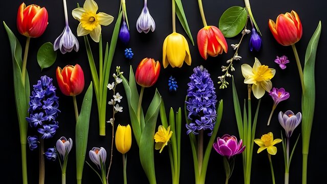 Colorful spring flowers including tulips and hyacinths on black background