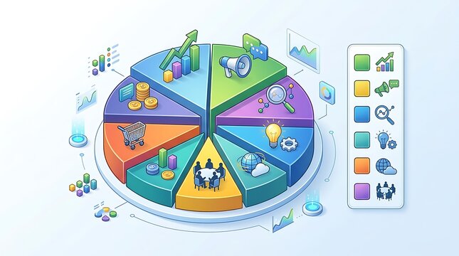 Colorful isometric business pie chart with data and marketing icons