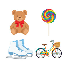 Naklejka premium Set of Colorful Childhood Toys Including a Teddy Bear A Swirly Lollipop Ice Skates and a Classic Bicycle Illustration