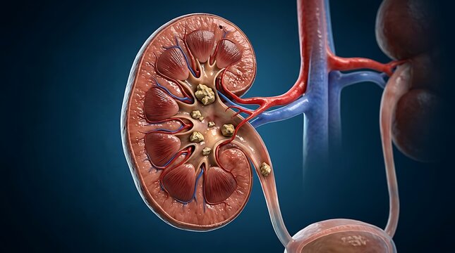 3d medical illustration of a human kidney with kidney stones, showing the internal anatomy of the renal pelvis and ureter with calcified deposits